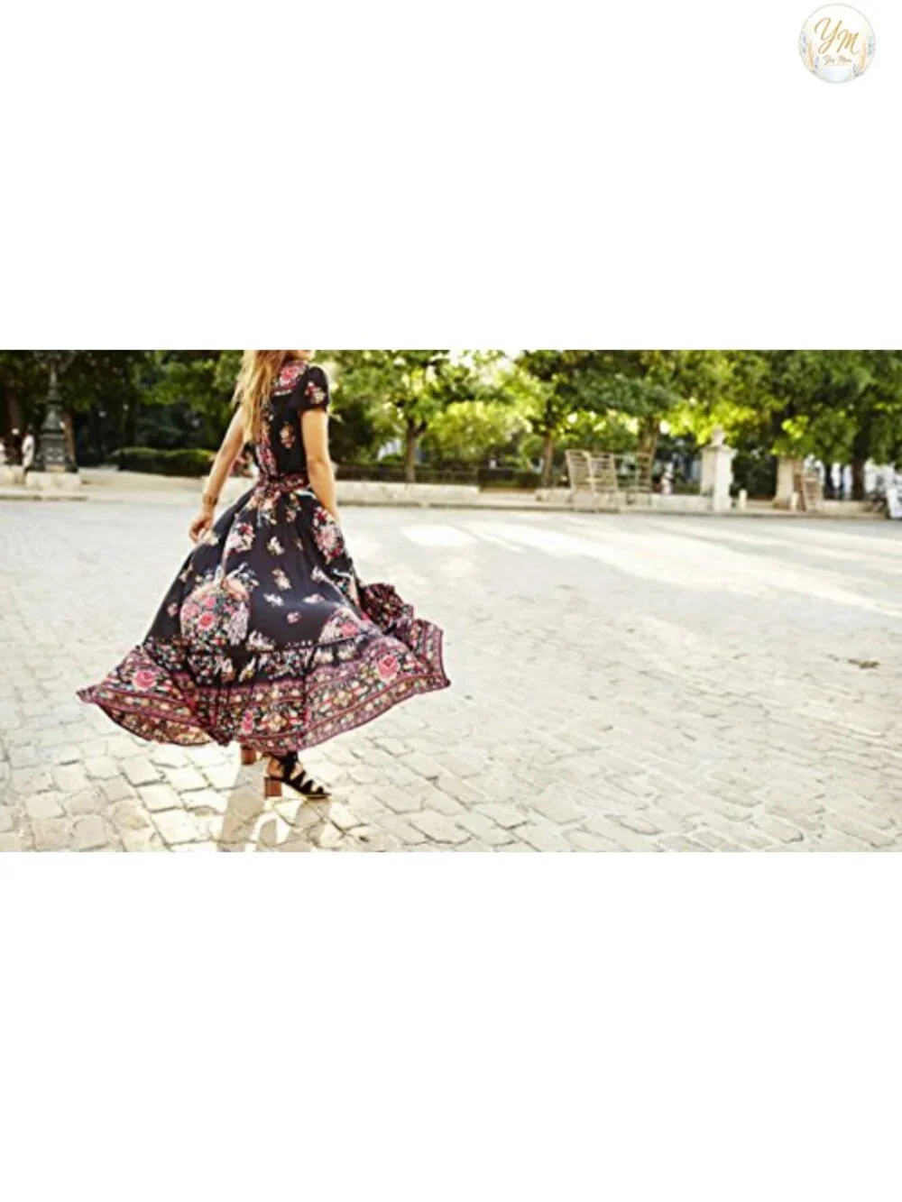Women's Vintage Floral Print High Low Midi Dress With Deep V Neck Short Sleeve